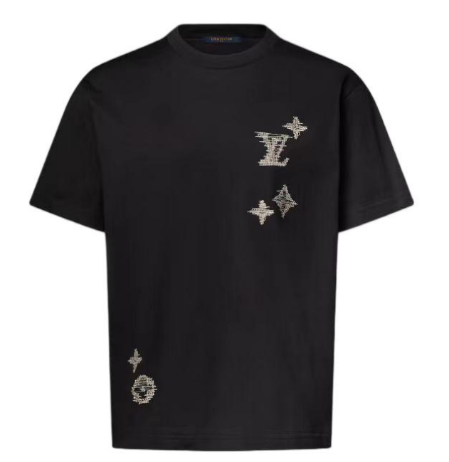 Free Shipping LV Embroidered Crew-Neck Short-Sleeve T-Shirt Black